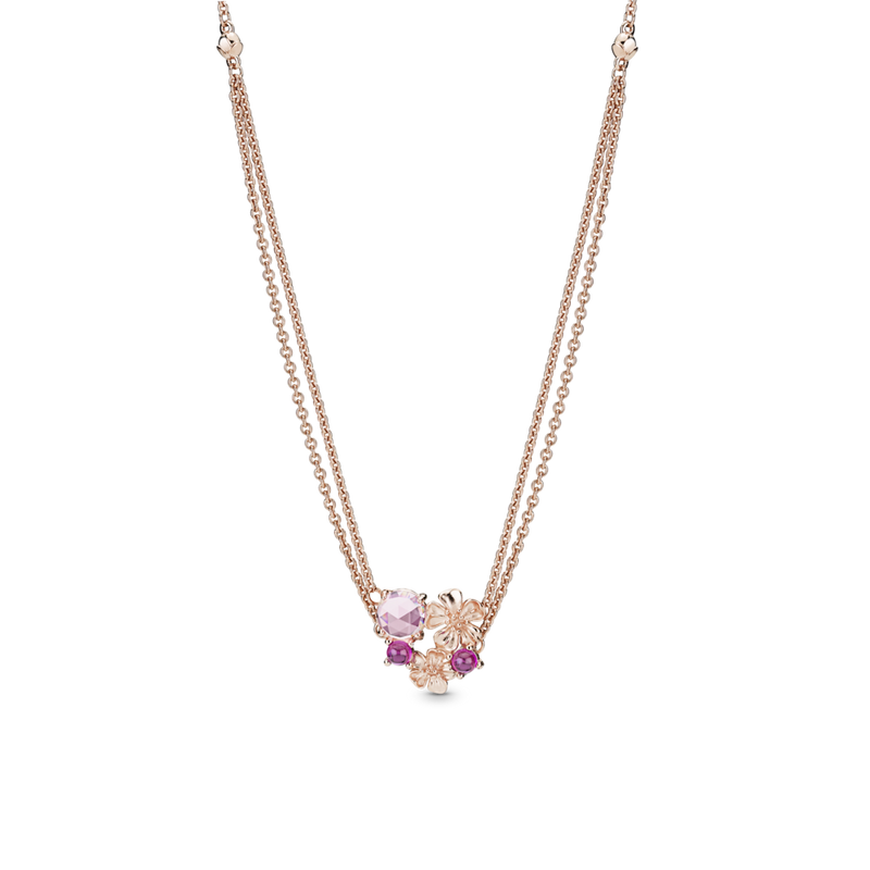 388101ncc Collana a catena doppia Fiore di pesco rosa