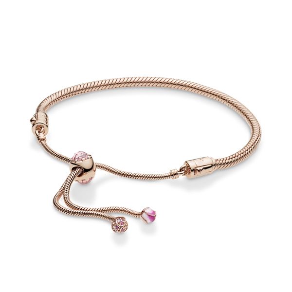 588093nccmx Bracciale regolabile con maglia snake Fiore di pesco rosa Pandora Moments