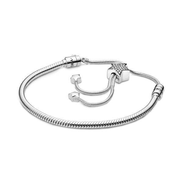 598528c01 Bracciale Pandora Moments con maglia snake  stelle e pavé e chiusura regolabile
