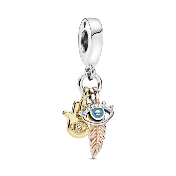 768785c01 Charm pendente Spiritualità con mano di Fatima occhio onniveggente e piuma