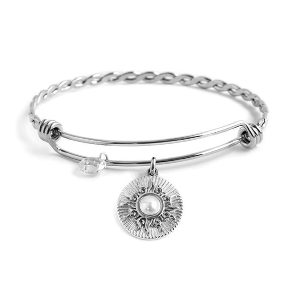 33br0016 Bracciale rigido bangle pendente sole con perla e cristallo