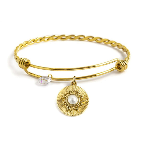 33br0016g Bracciale rigido bangle pendente sole con perla e cristallo